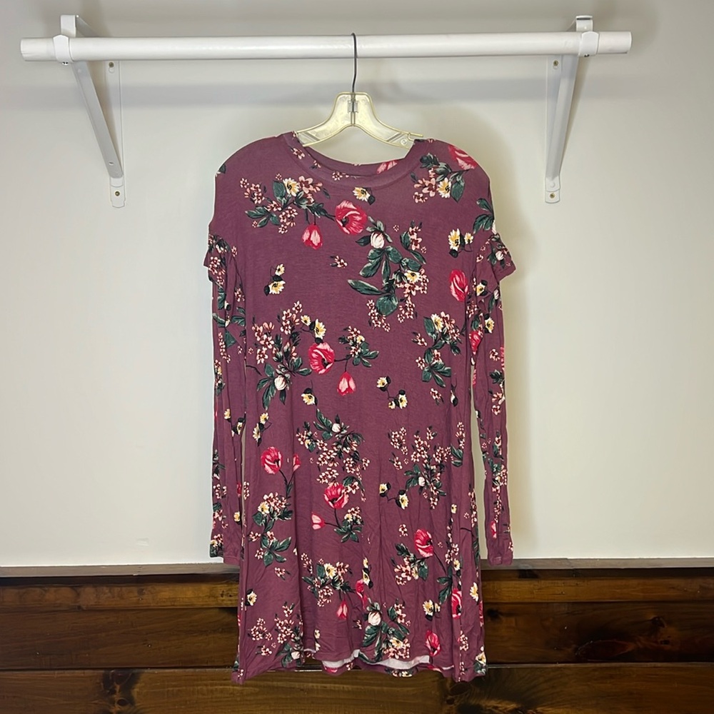 Love Fire Burgundy Floral Ruffle Long Sleeve Stretchy Dress-‎ L